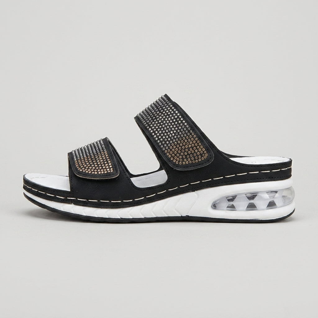 Women's Sandals Rhinestone Double-Strap Low Wedge Hook-and-Loop