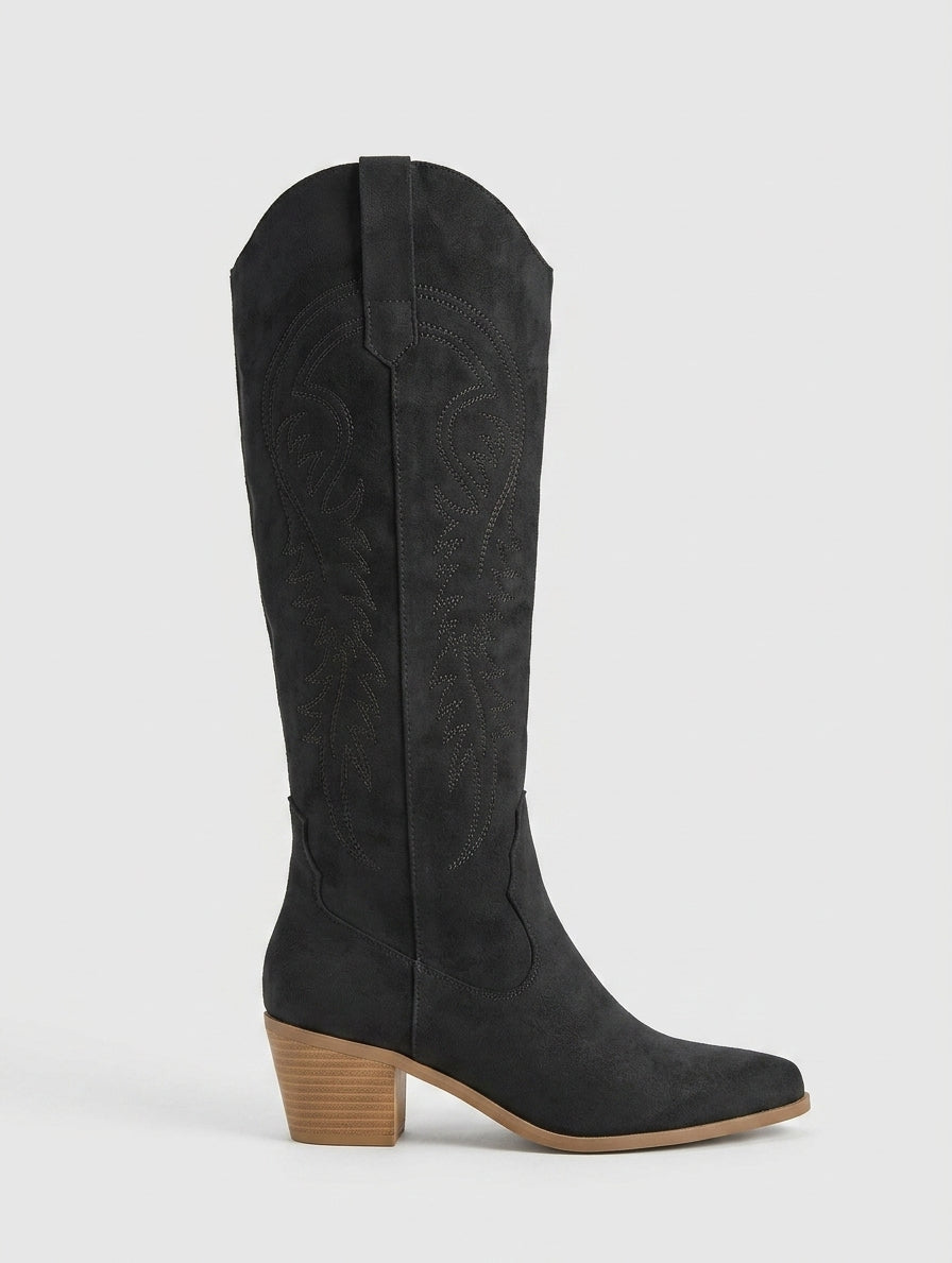 Women's Knee High Boots - Block Heel - Western Stitch Detail
