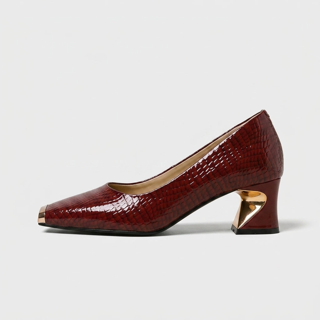 Women's Croc-Embossed Slip-On Pumps with Metal Cap Toe and Sculpted Heel