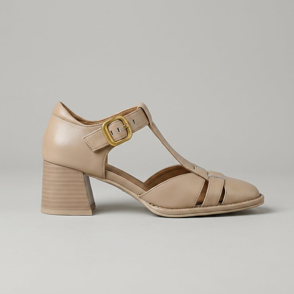 Women's Closed Toe T-Strap Sandals with Woven Vamp and Block Heel Buckle