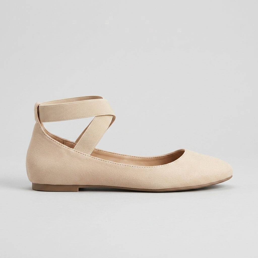 Women’s Rounded Toe Flats with Elastic Cross Strap - Closed Heel
