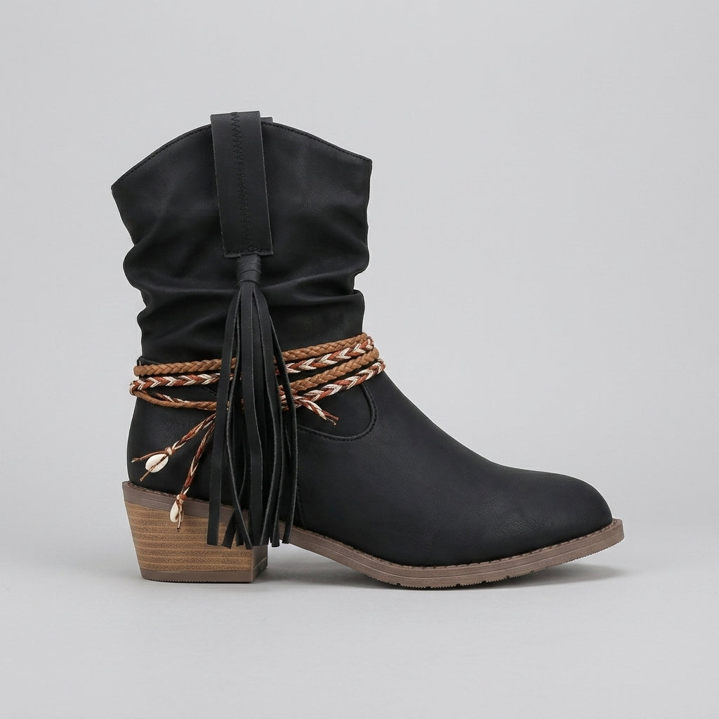 Women's Ankle Boots Mid-Calf Slouch Block Heel Tassel Wrap Detail