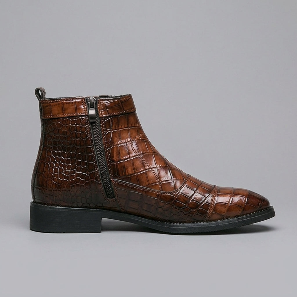 Men's Side Zip Ankle Boots with Croc-Embossed Upper and Block Heel