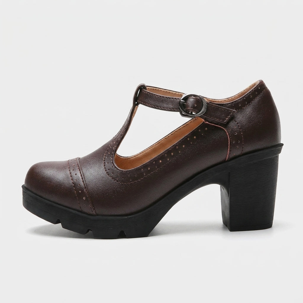Women's Mary Jane Heels T-Strap Brogue Block Heel Buckle Closure