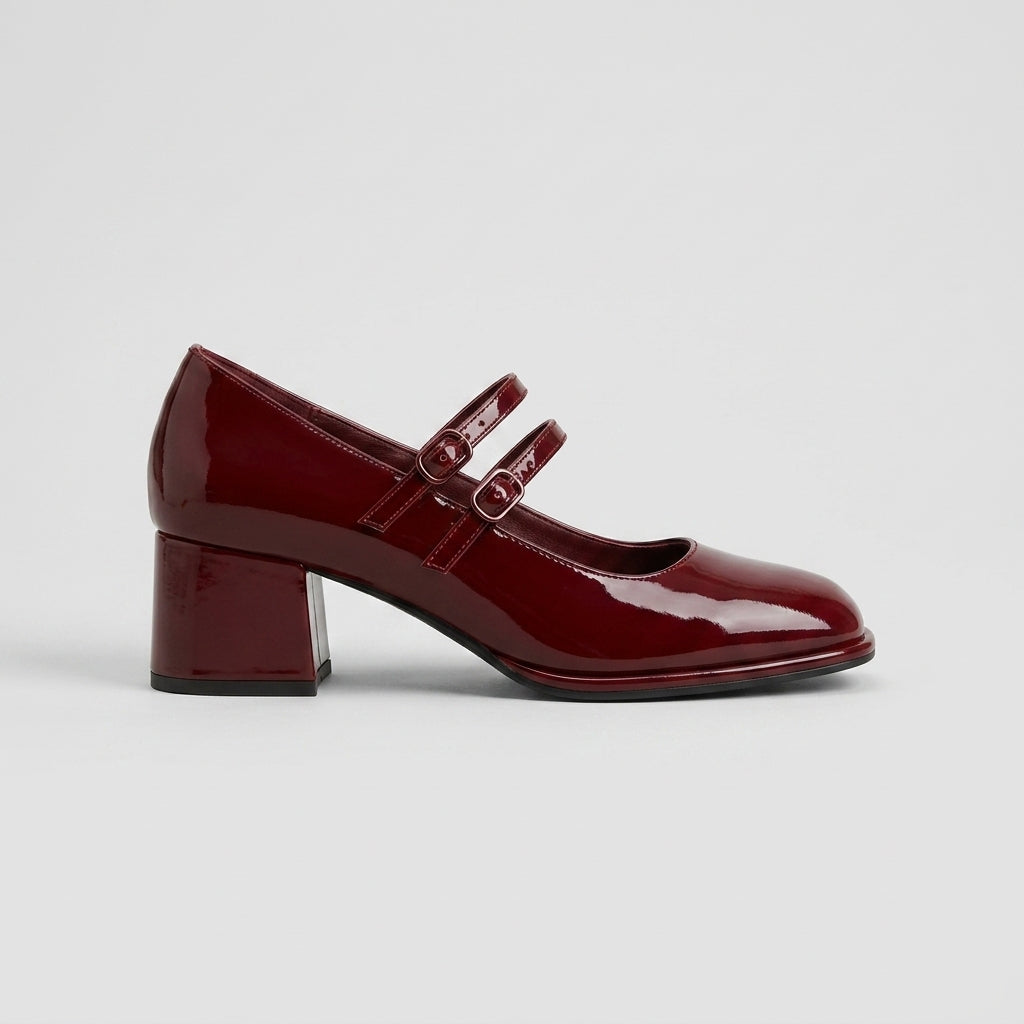 Women's Mary Jane Leather Heels - Double-Strap Block Heel Pumps