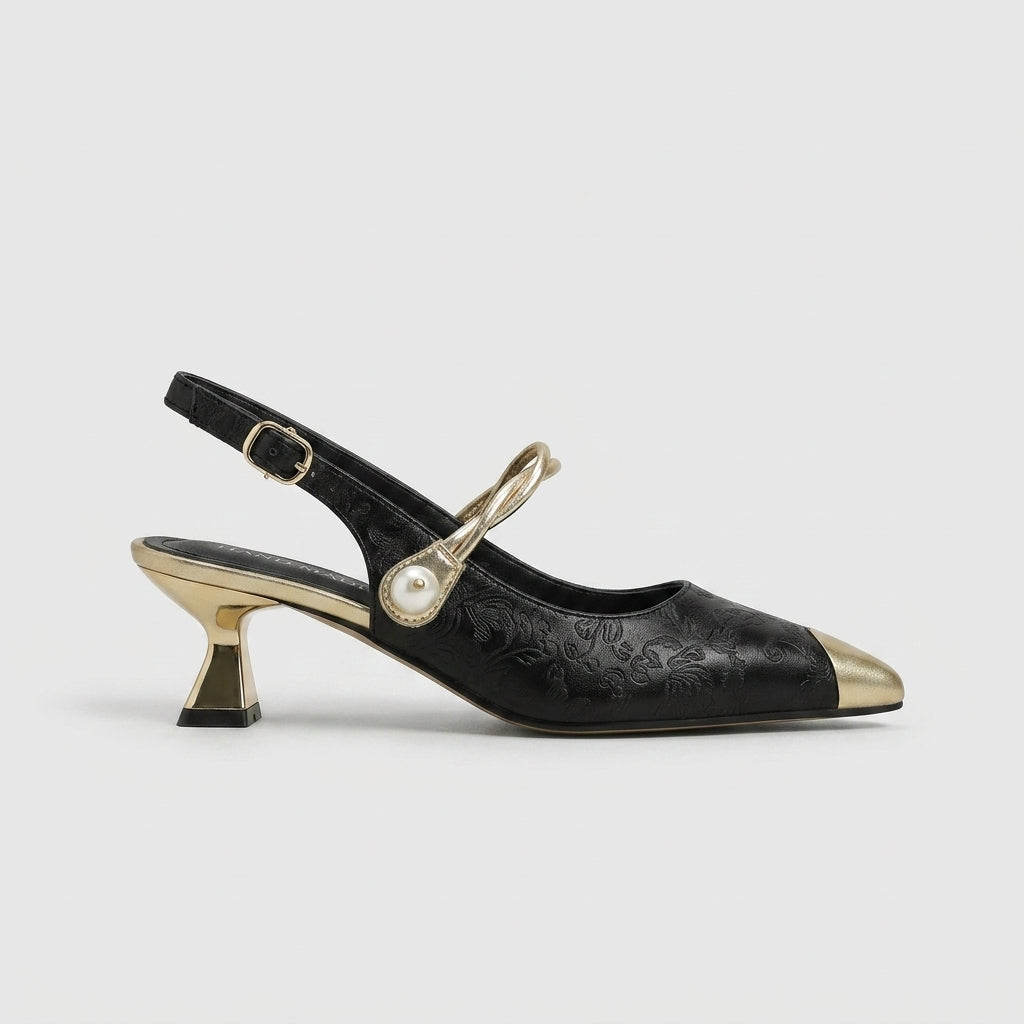 Women's Kitten Heels - Pointed Toe Slingback Pumps with Pearl Strap