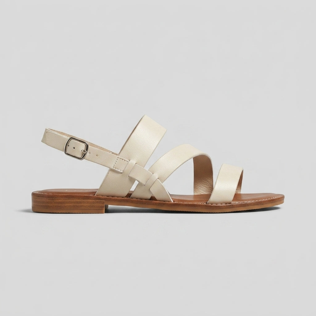 Women's Multi-Strappy Flat Sandals - Open Toe - Ankle Buckle - Contrast Stitch