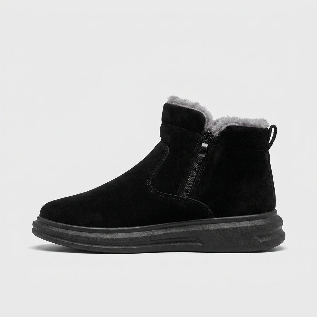 Men's Ankle Boots - Fur-Lined - Side Zip - Rounded Toe - Flat Sole