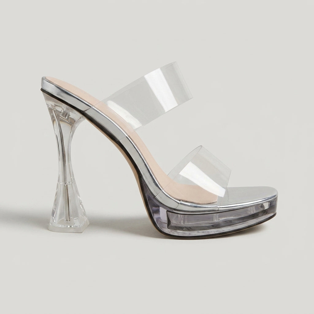 Women's Clear PVC Double Strap Slide Heels with Lucite Flared Heel