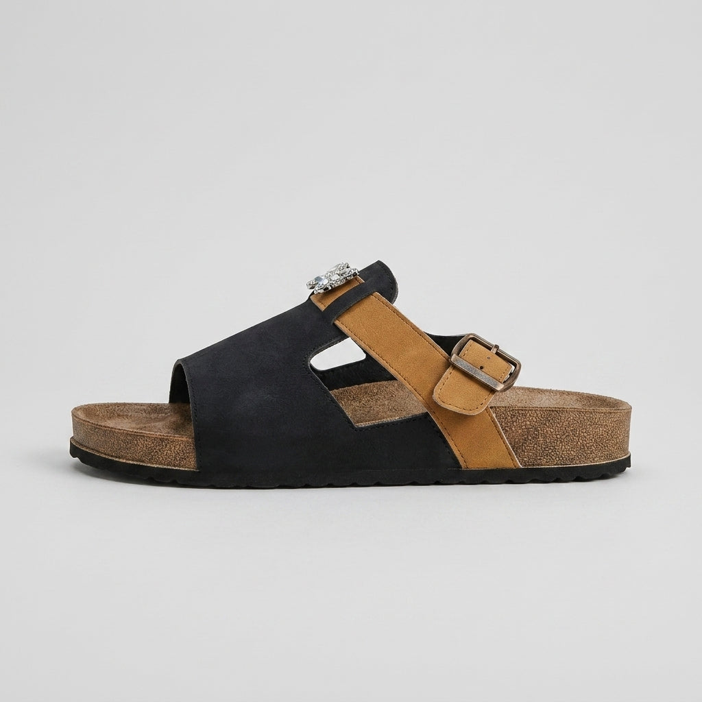Women's Open Toe Slide Sandals with Two-Tone Strap and Butterfly Charm