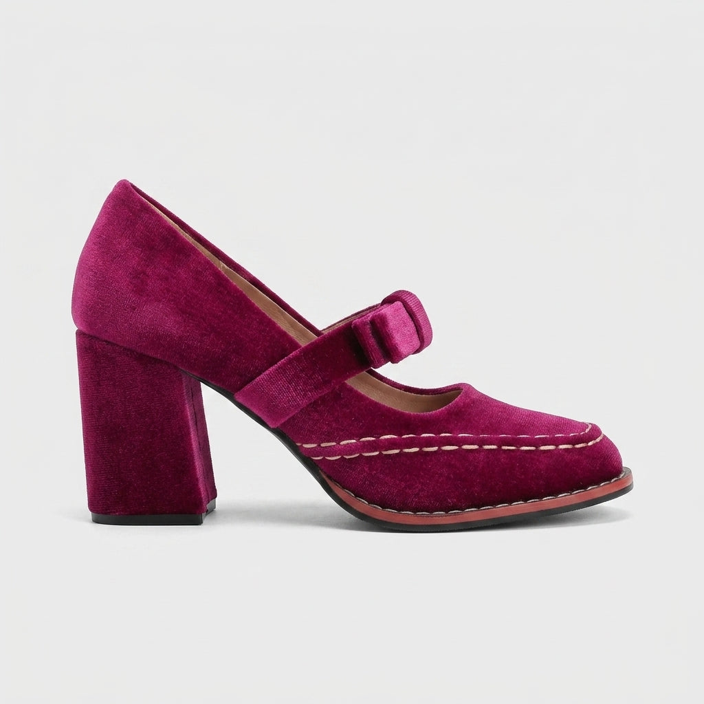 Women's Mary Jane Heels Velvet Block Heel Adjustable Bow Strap