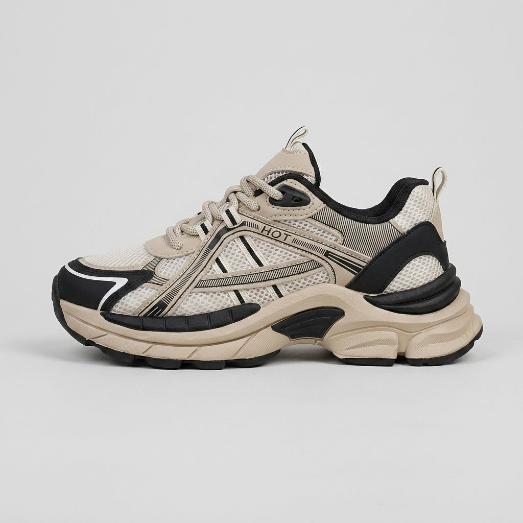 Women's Chunky Sneakers – Lace-Up Low Top with Mesh Upper - Platform Sole