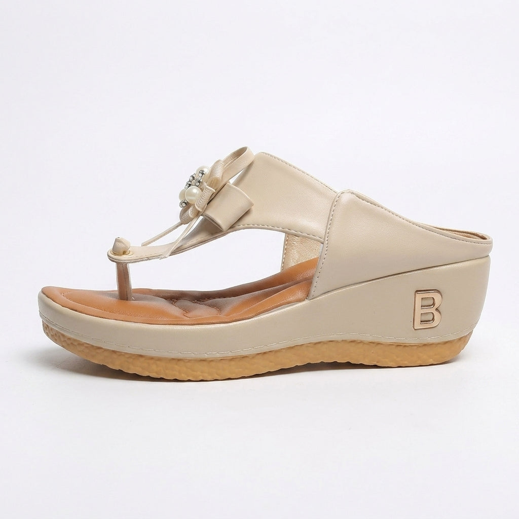 Women's Wedge Thong Sandals with Bow and Pearl Embellishment