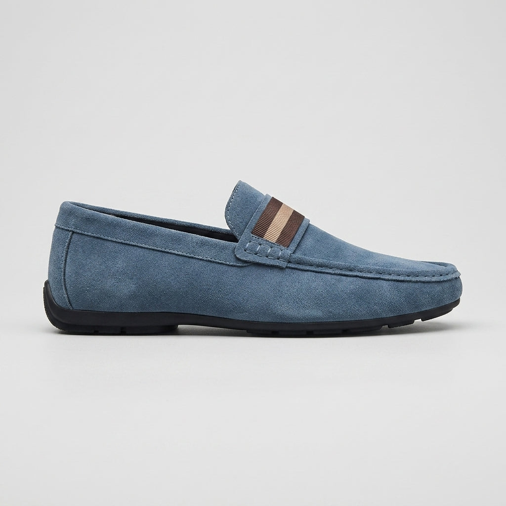 Men's Suede Slip-On Loafers with Moc Toe and Woven Strap Detail