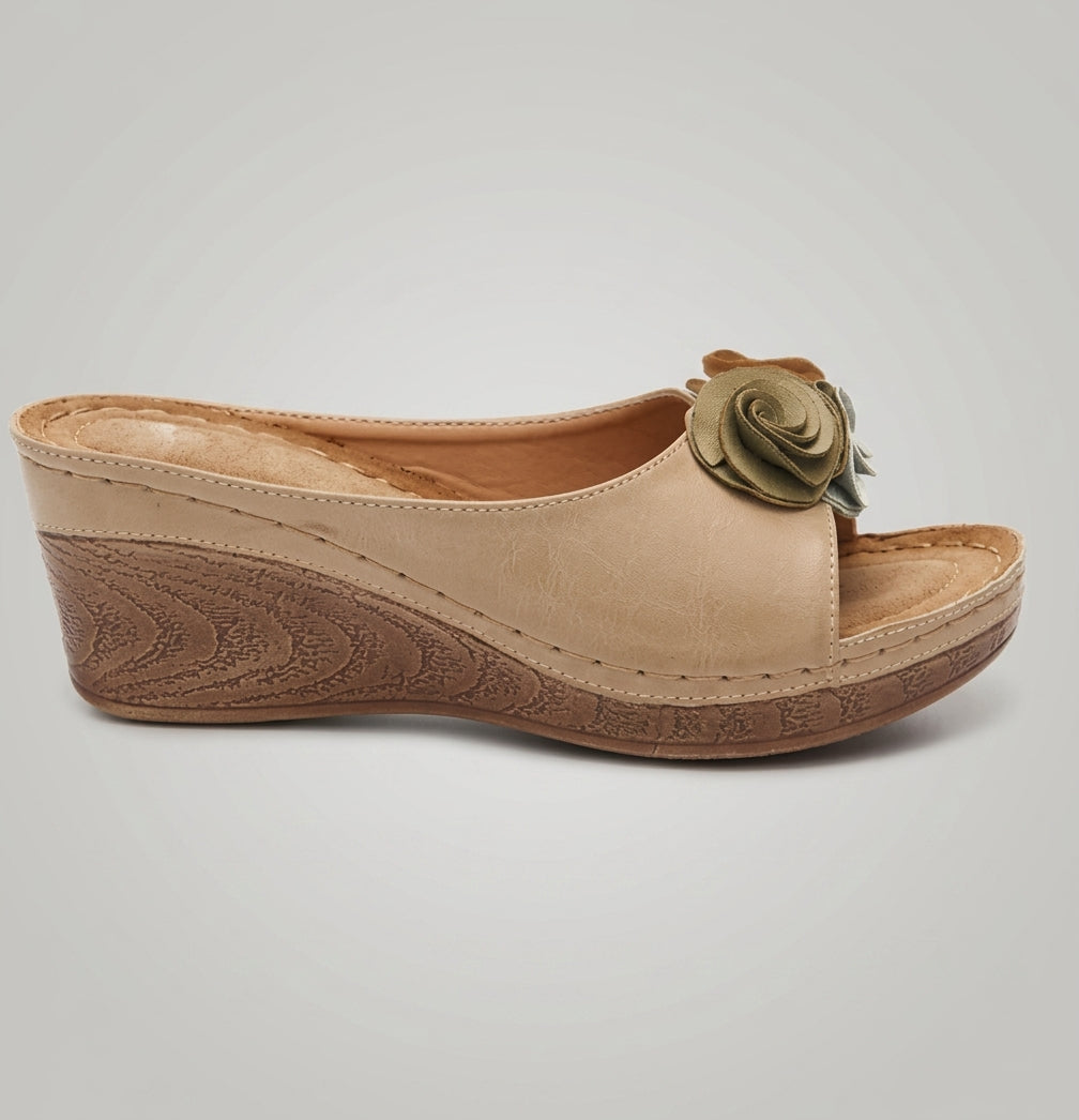Women's Wedge Sandals Open-Toe Leather Rosette Detail