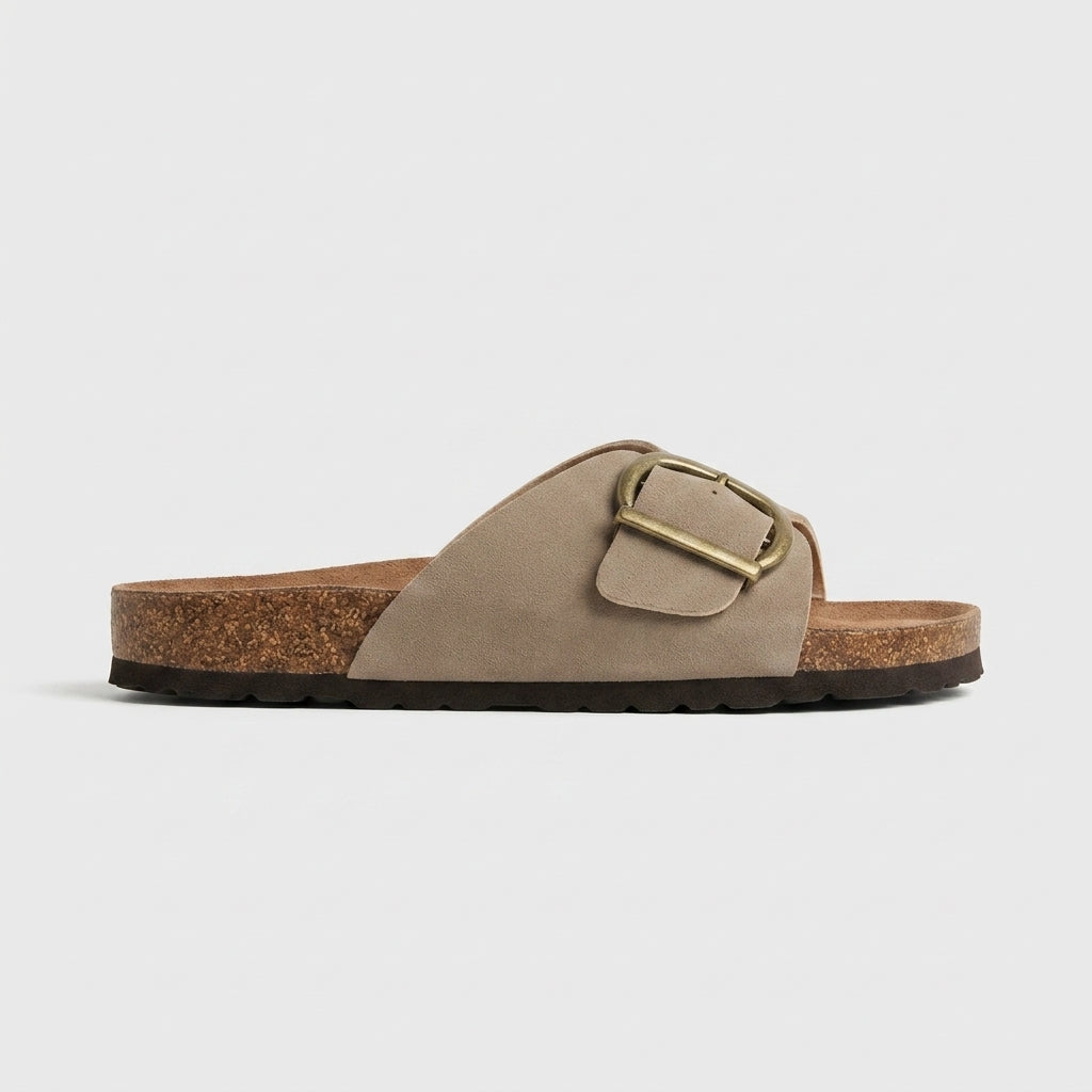 Women's Open Toe Slide Sandals with Oversized Buckle and Cork Footbed