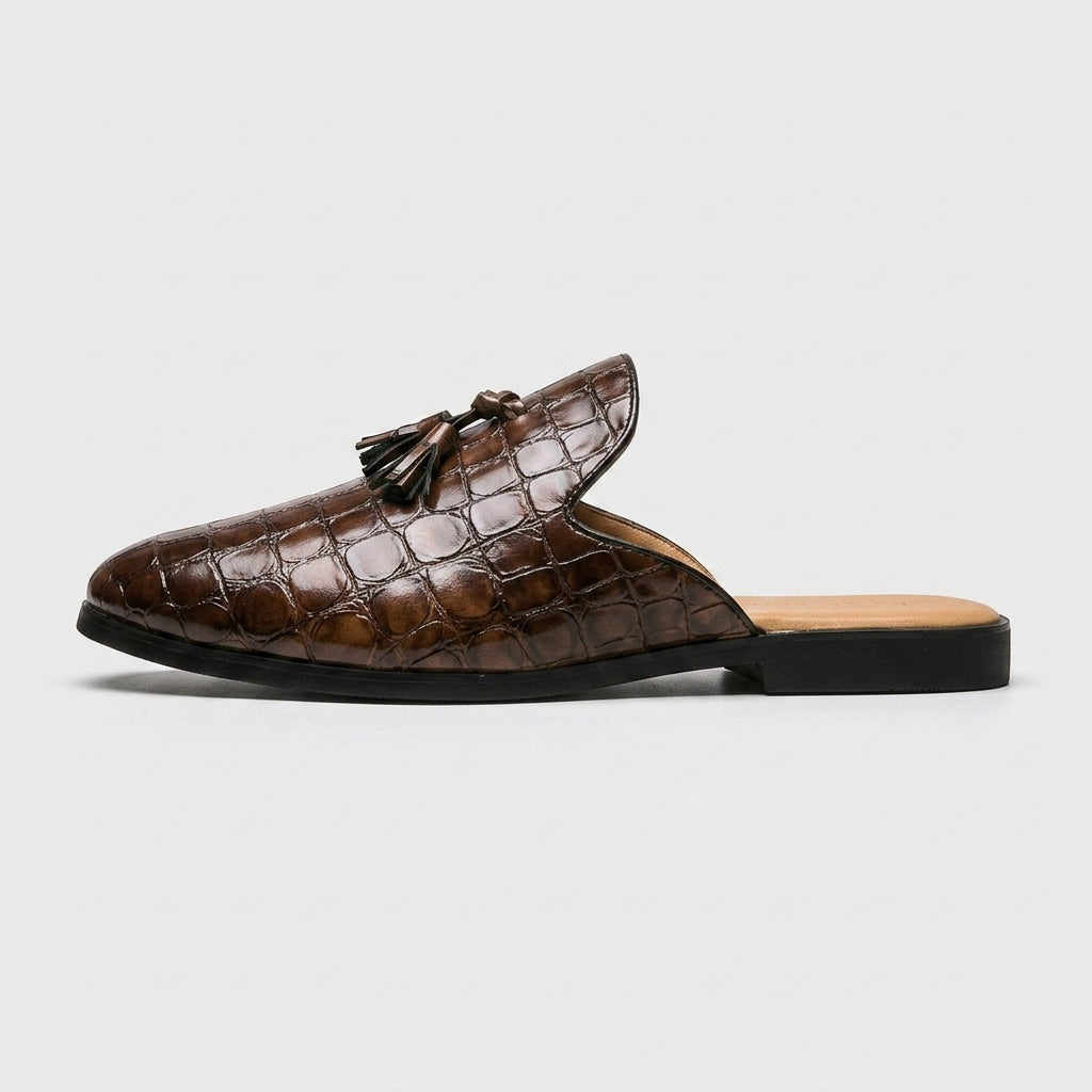 Men’s Croc-Embossed Leather Slip-On Mule Loafers - Tassel Detail