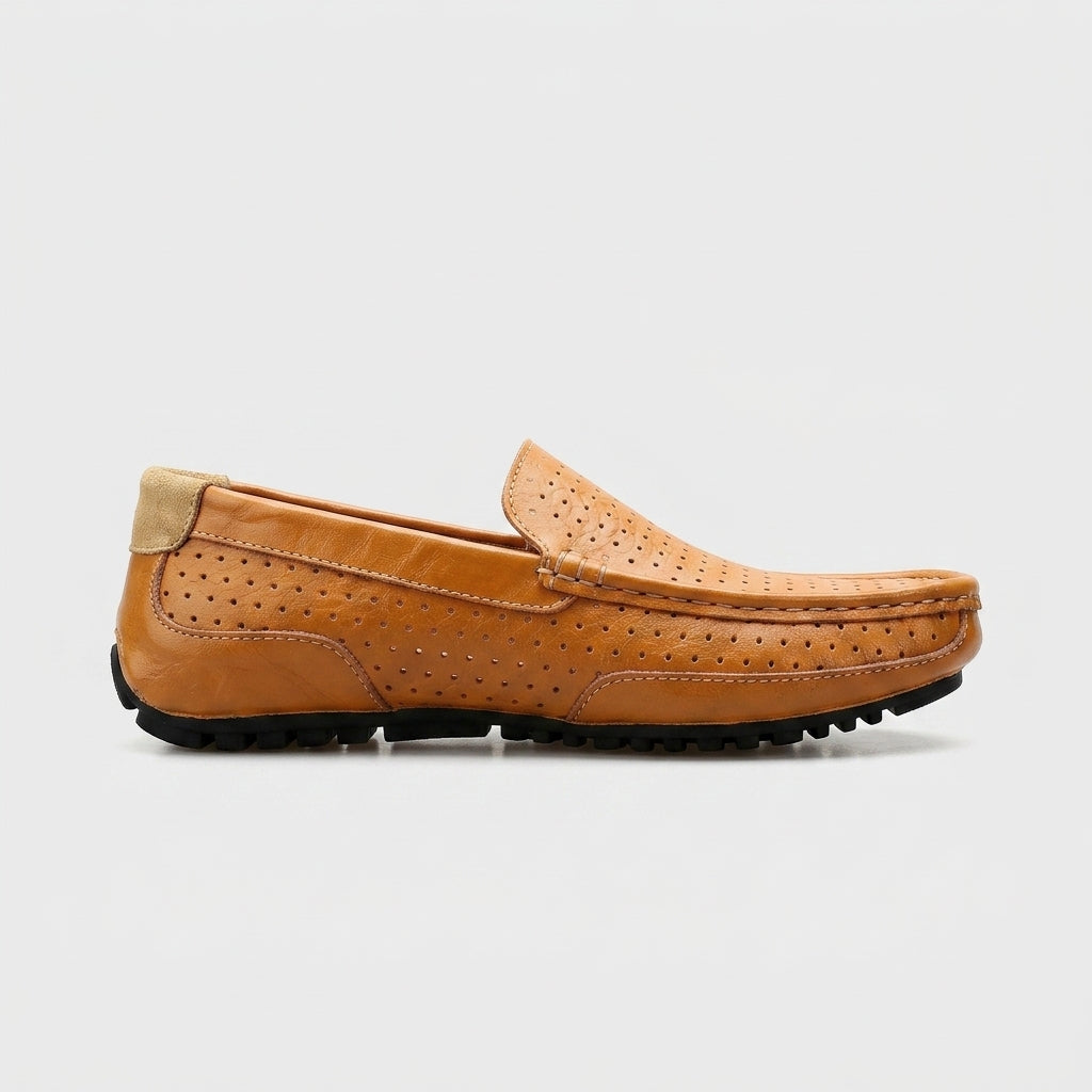 Men’s Leather Slip-On Loafers with Woven Upper and Rounded Toe