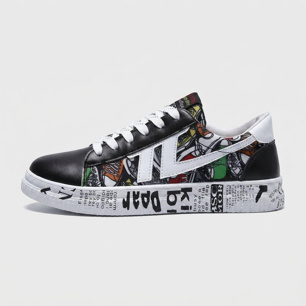 Women's Low-Top Sneakers - Lace-Up - Newspaper Print - Flat Sole