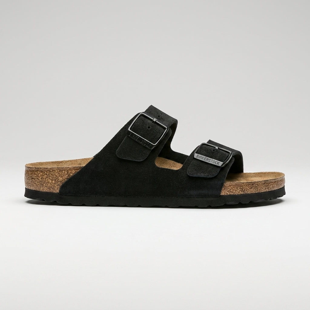 Women's Suede Sandals Cork Footbed - Two Strap Buckle Closure Flat Sole
