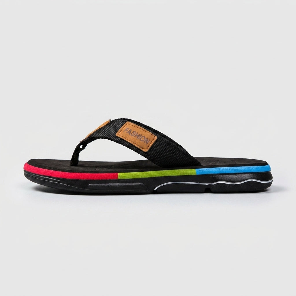 Men's Thong Flip Flop Sandals with Striped Sole and Logo Patch