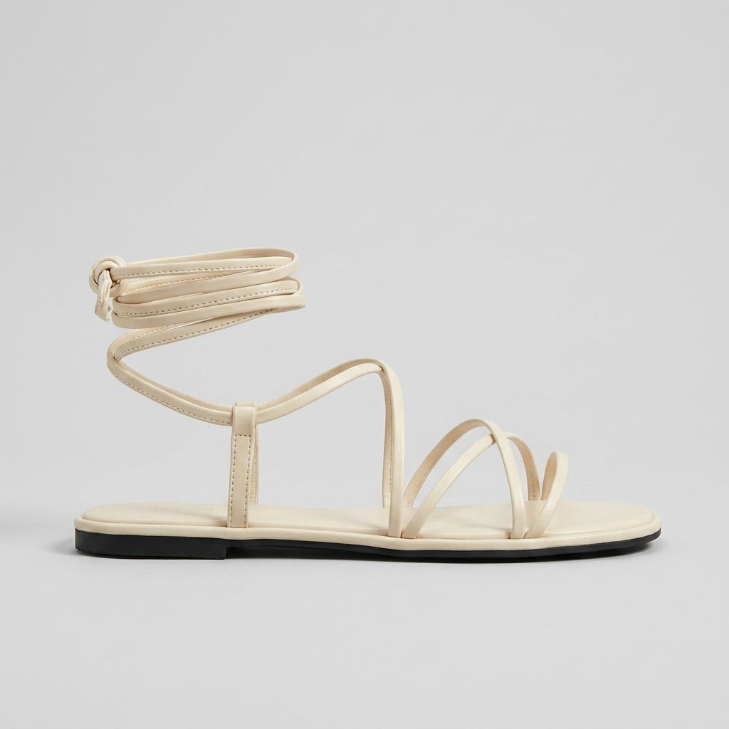 Women's Lace-Up Flat Strappy Sandals - Square Toe - Multi-Strap Ankle Wrap - Zip