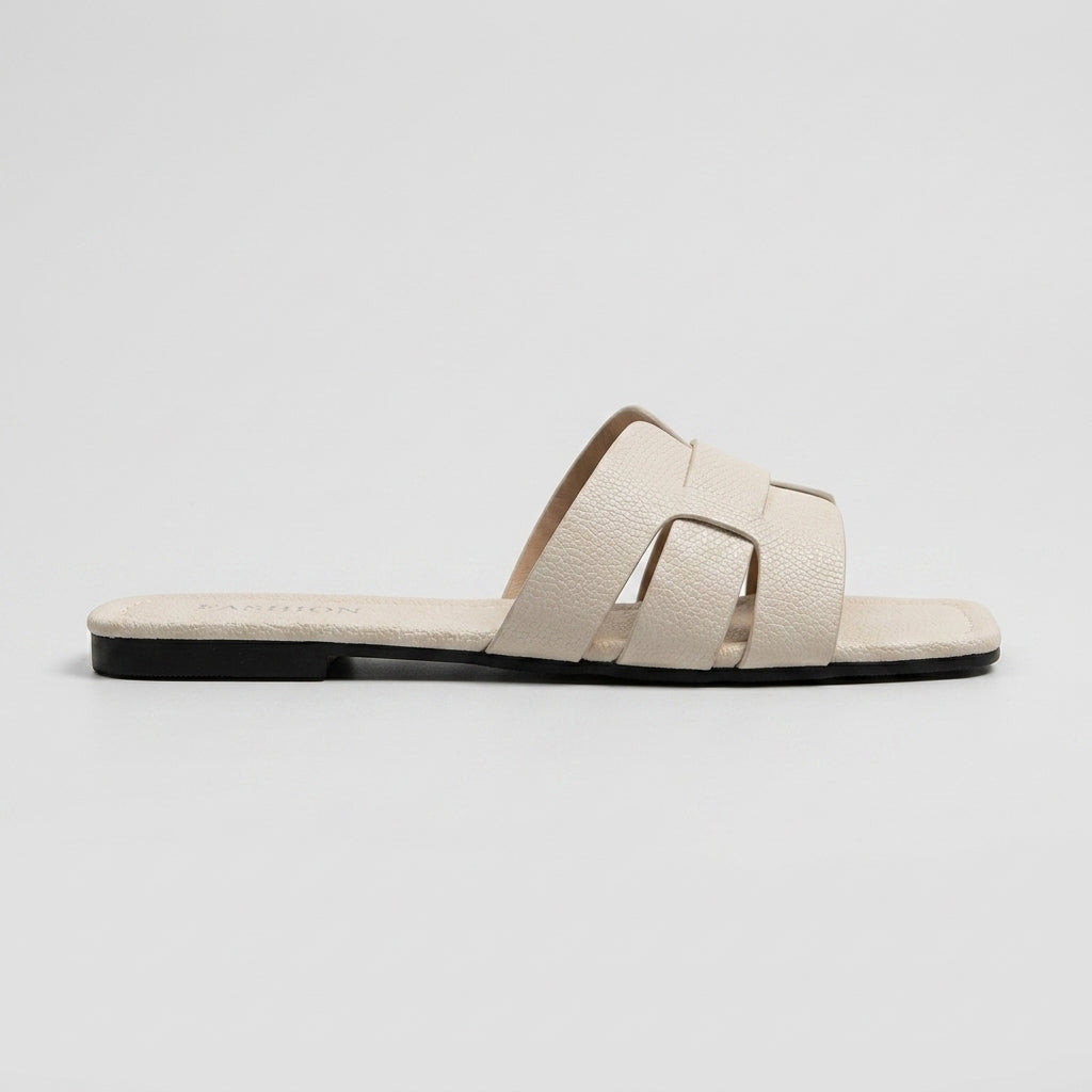 Women's Square Toe Slide Sandals with Woven Strap and Low Heel