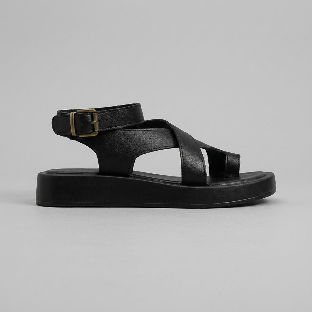 Women's Platform Sandals Cross-Over Straps Ankle Buckle Toe Loop