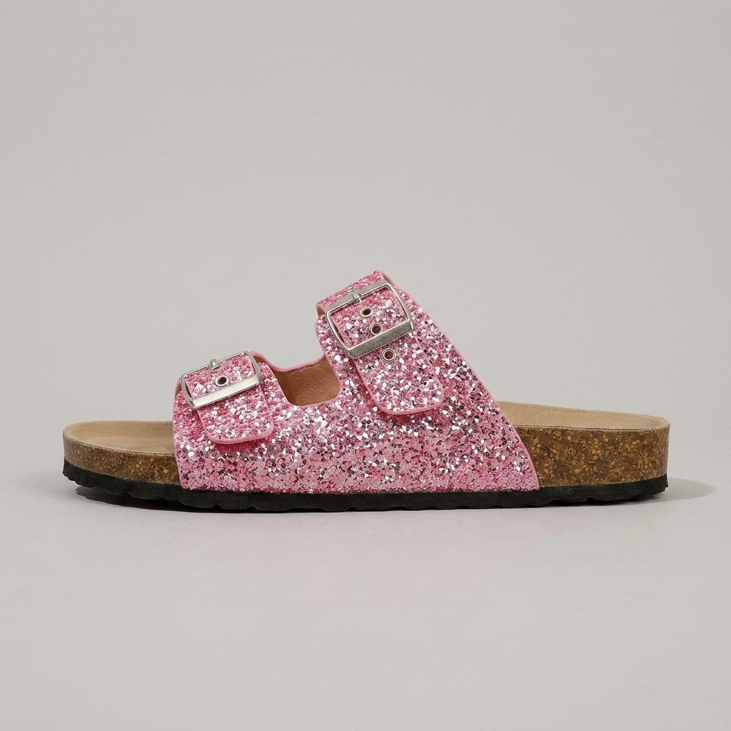 Women's Sandals Flat Double-Buckle Glitter Slide Open Toe