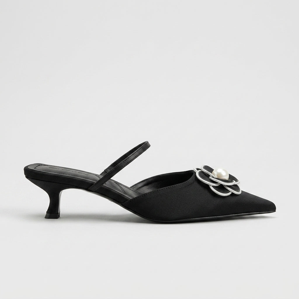 Women's Kitten Heels Pointed Toe Mule - Floral Pearl Embellishment