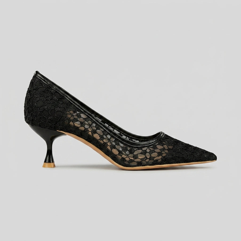 Women's Kitten Heels Pointed Toe Lace Slip-On Pumps