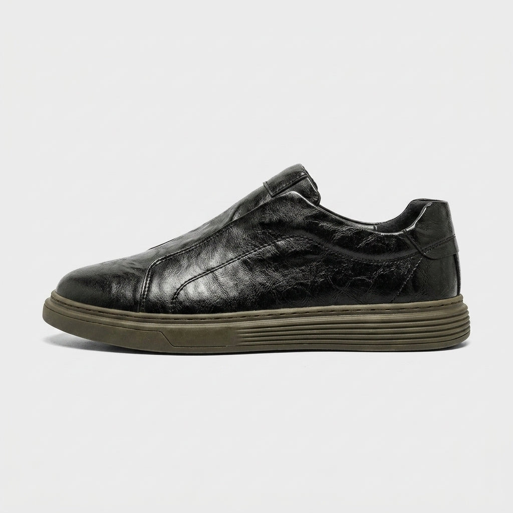 Men's Leather Slip-On Sneakers with Round Toe and Ridged Sole