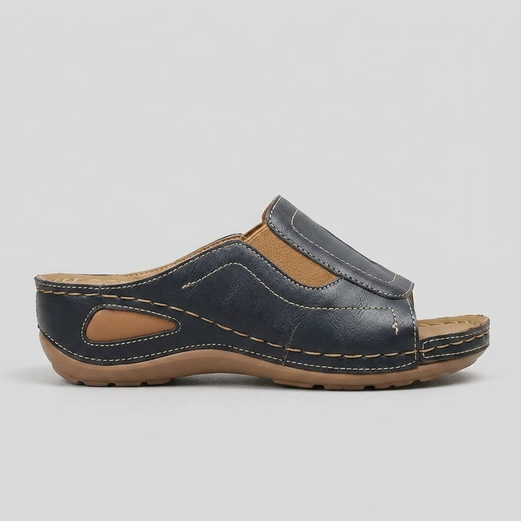 Women's Wedge Sandals - Open Toe Slide with Topstitch Detail and Cutouts