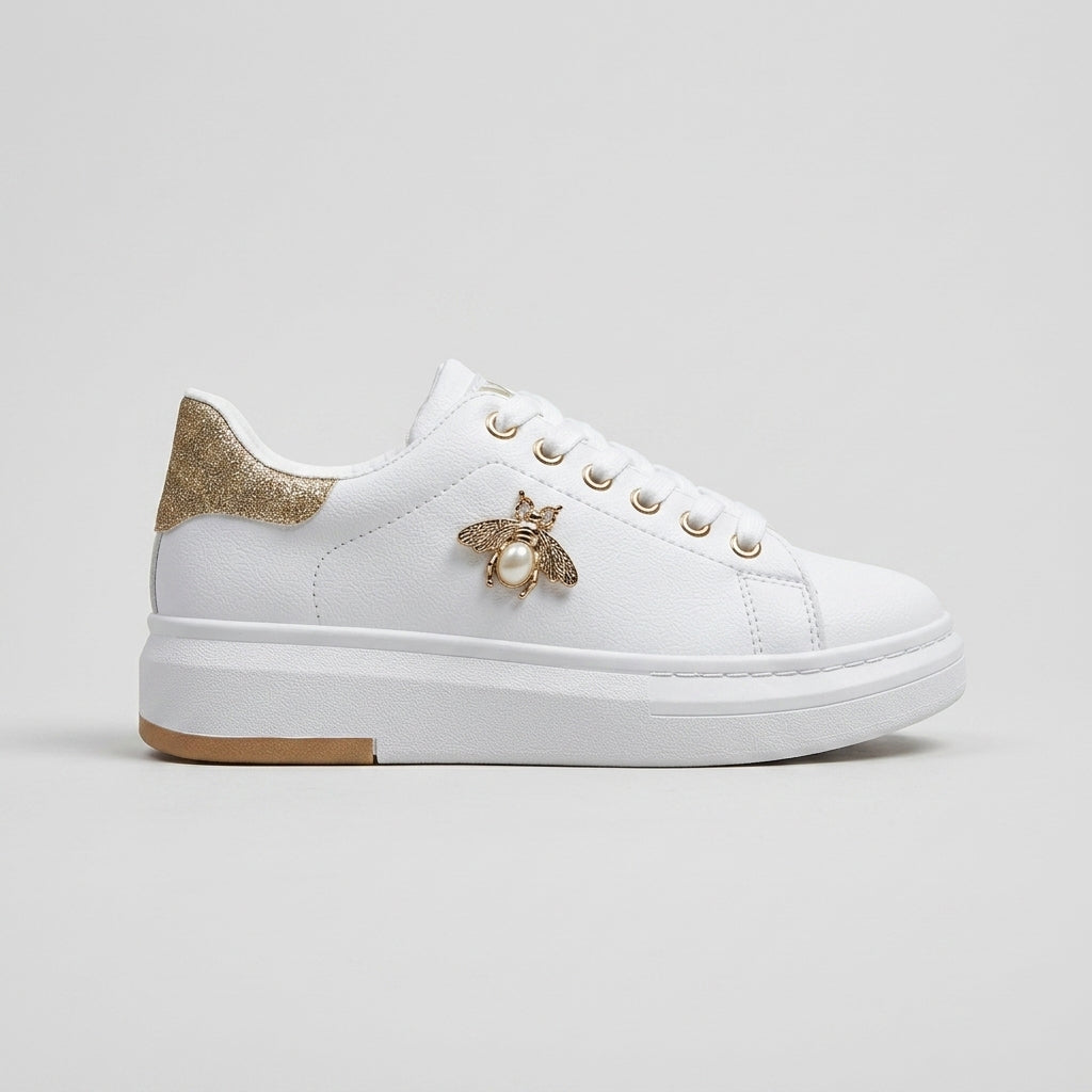Women's White Lace-Up Platform Trainers with Bee Charm Detail