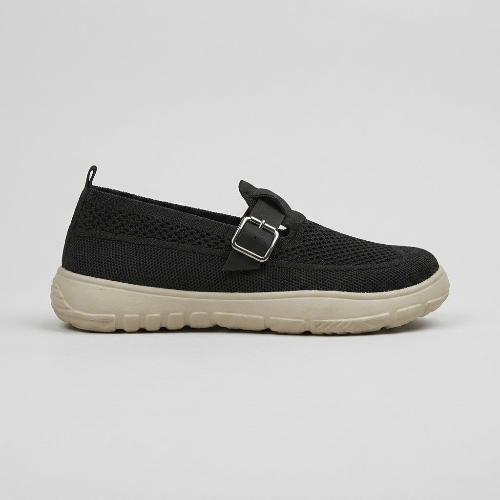 Women's Flats - Mesh Knit Mary Jane Buckle Strap Slip-On