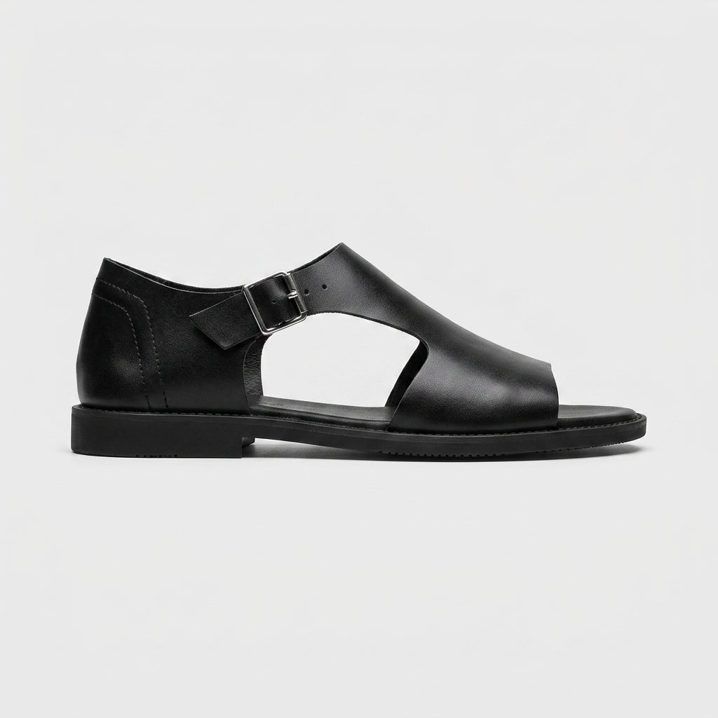 Men's Open Toe Leather Sandals – Cutout Vamp with Ankle Buckle Strappy