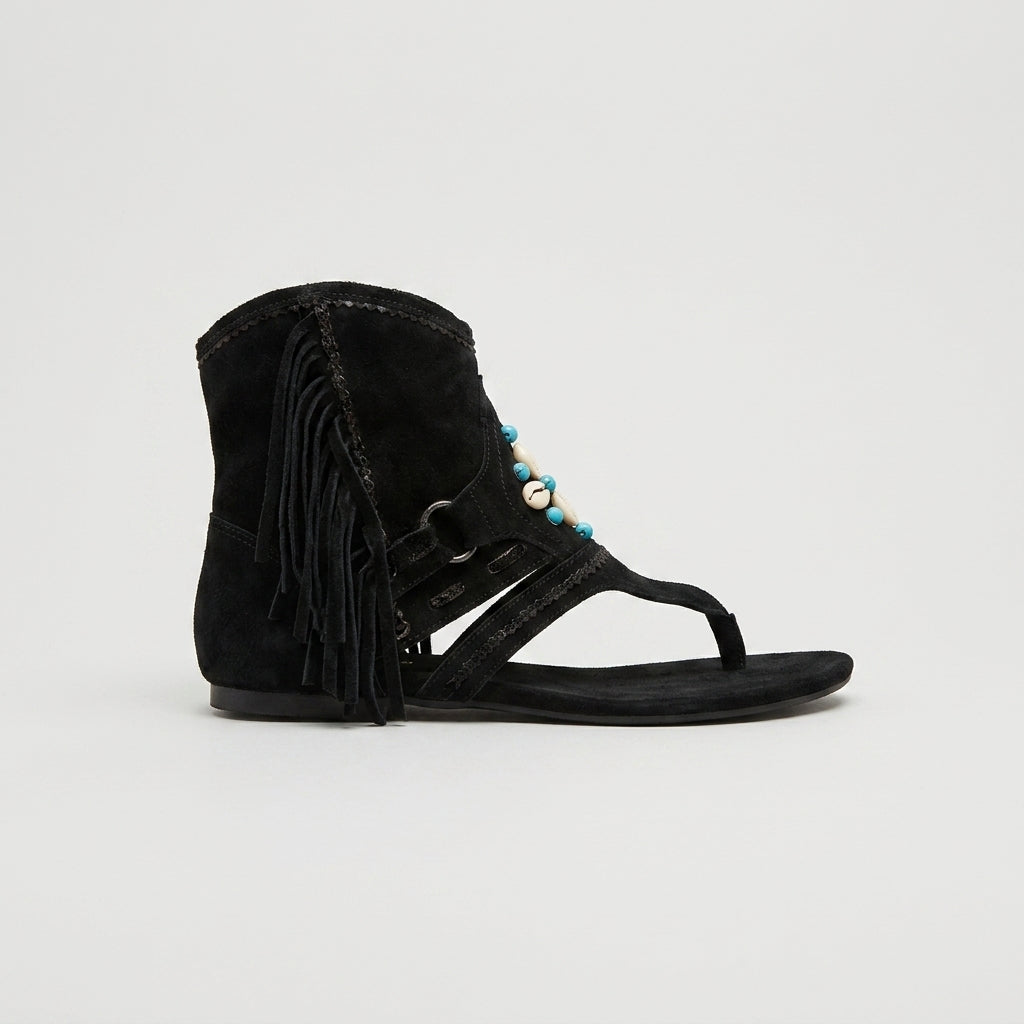 Women's Cowboy Fringe Thong Sandals with Beaded Ankle Cuff and Flat Sole