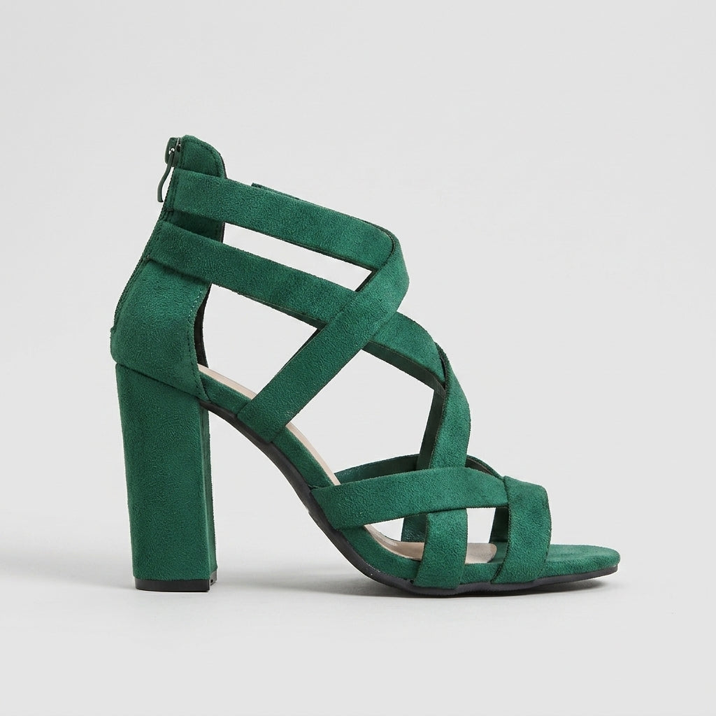 Women's Strappy Block Heels - Open Toe - Cross Strap - Rear Zip - 9.5cm Heel