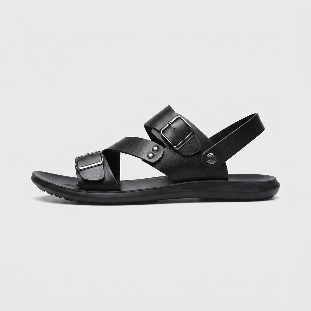 Men's Sandals Leather Dual Buckle Straps Slingback Open-Toe Flat