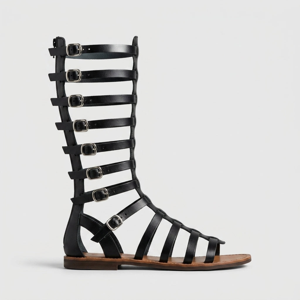 Women's Gladiator Sandals Knee-High Multi-Buckle Flat Sole