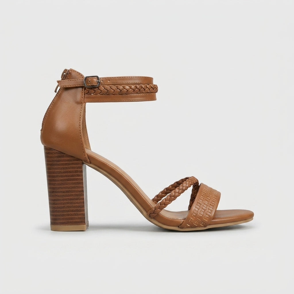 Women's Braided Ankle Strap Block Heels - Open Toe - Buckle Closure