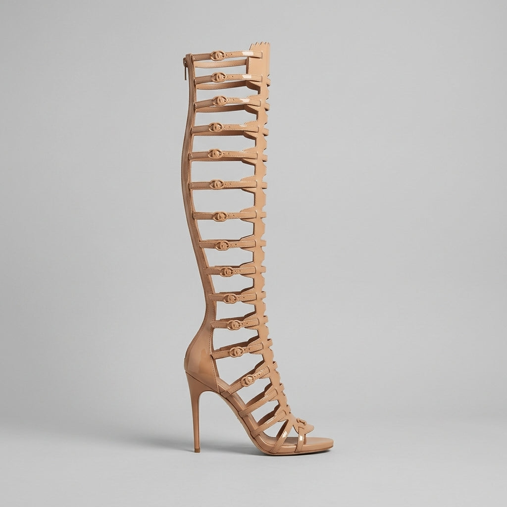 Women's Knee-High Gladiator Heeled Sandals - Open Toe Stiletto Heel