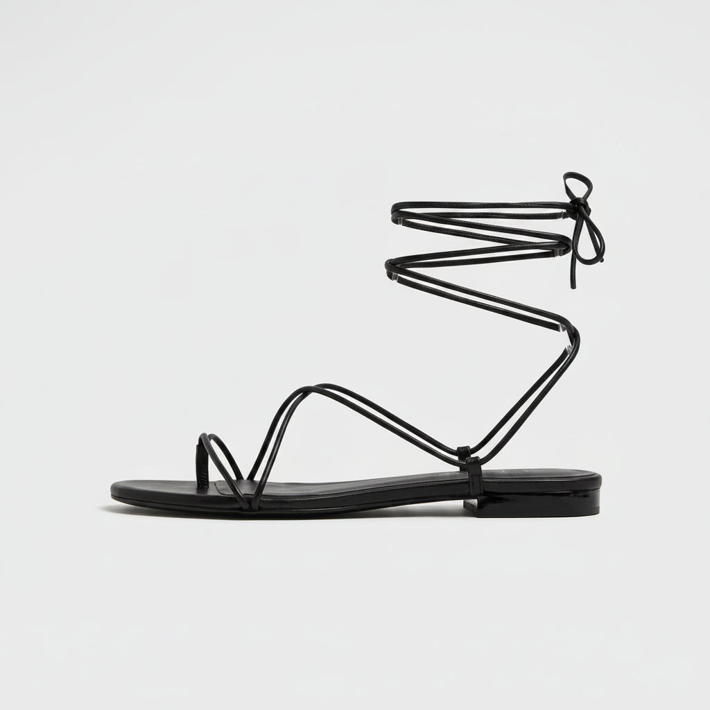 Women's Lace-Up Toe Ring Sandals - Flat - Strappy Ankle Tie - Open Toe