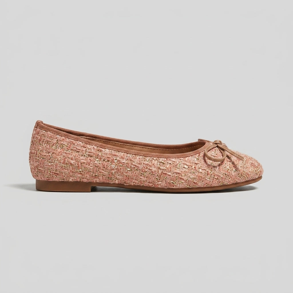 Women's Tweed Ballet Flats with Square Toe and Bow Detail Slip-On
