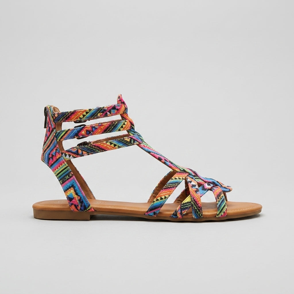 Women's Flat Sandals T-Strap Open Toe Printed Fabric Upper