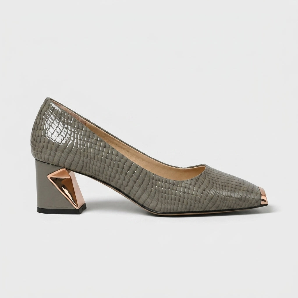 Women's Croc-Embossed Slip-On Pumps with Metal Cap Toe and Sculpted Heel