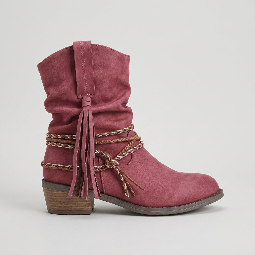 Women's Ankle Boots Mid-Calf Slouch Block Heel Tassel Wrap Detail