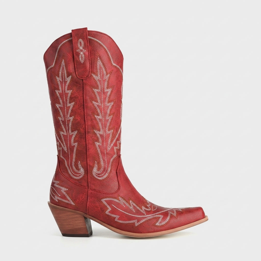 Women's Knee-High Boots Embroidery Western Pointed Toe Stacked Heel