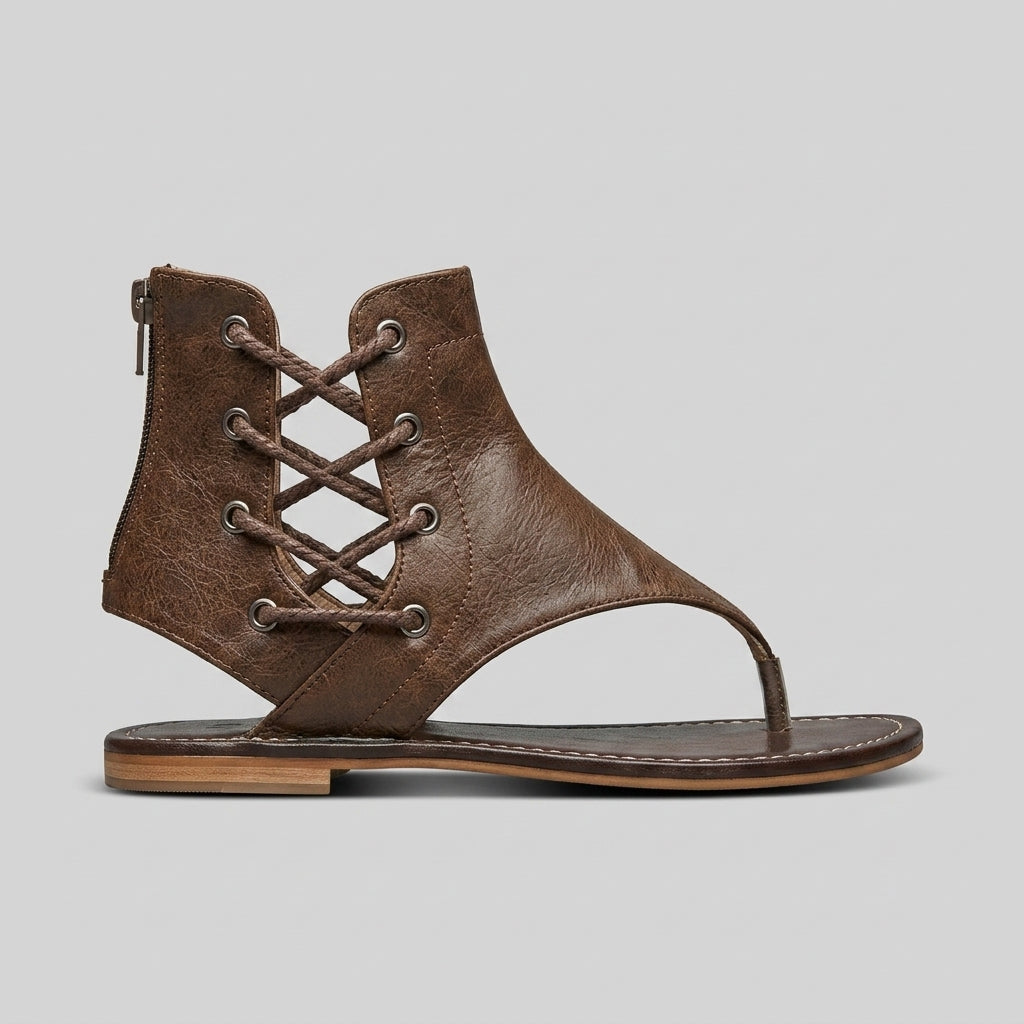 Women's Cowboy Thong Sandals with Lace-Up Ankle Cuff and Back Zip