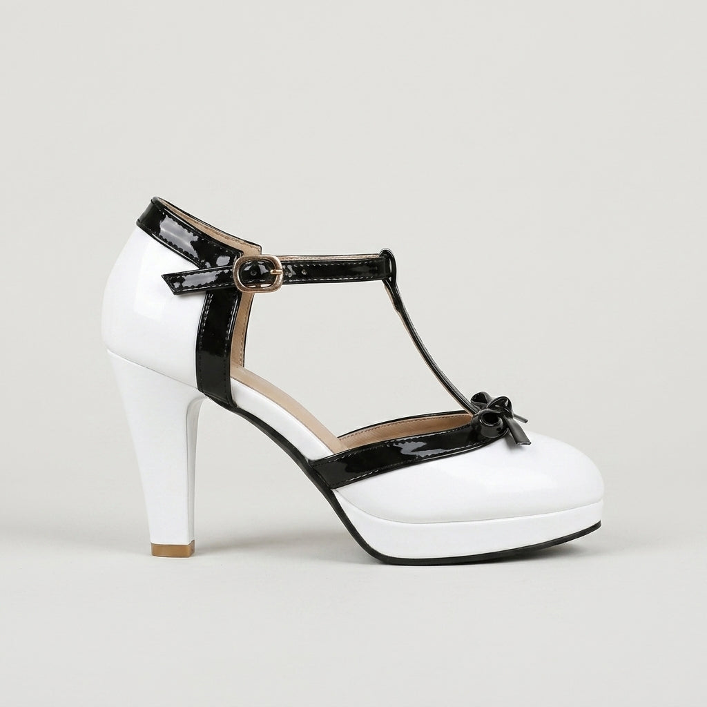 Women’s Rounded Toe T-Strap Heels with Bow Detail - Buckle Closure